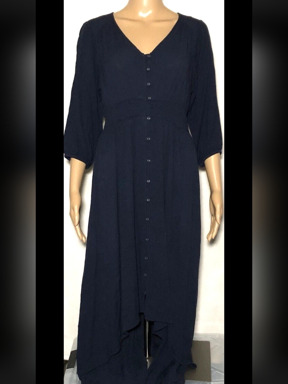 Torrid S2X Navy Blue High Low Button Up Pleated 3/4 Sleeve Comfortable Dress